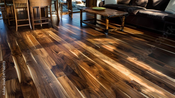 Fototapeta Black Walnut Flooring - North America - Hardwood flooring with a rich, dark brown color and straight grain patterns, highly prized for its beauty and durability