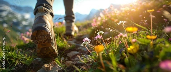 Fototapeta Close up of a female hiker's shoes walking on a mountain path with flowers