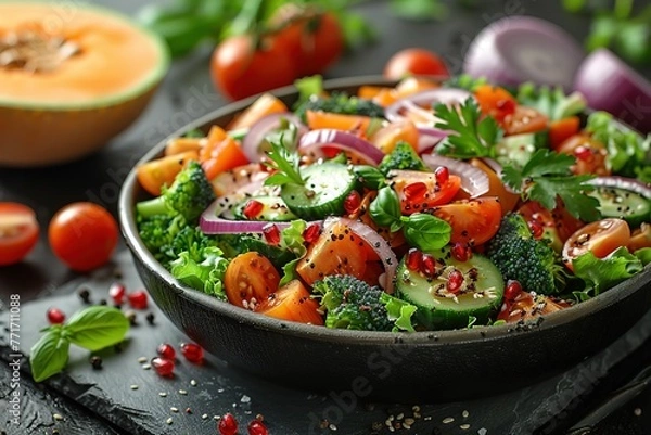 Fototapeta A vibrant salad with colorful vegetables in an elegant black pan