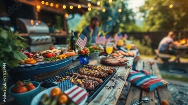 Fototapeta A backyard barbecue party celebrating the 4th of July, with friends and family enjoying grilled foods, American flags, and decorations in red, white, and blue
