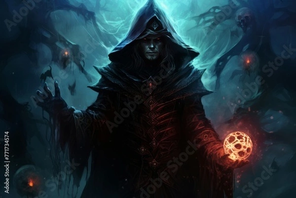 Fototapeta Arcane Mage necromancer red fire. Nails devil. Generate Ai