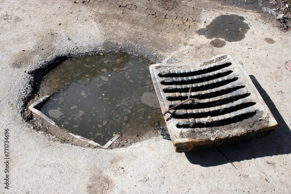 Fototapeta Problem with water drainage, clogged manhole