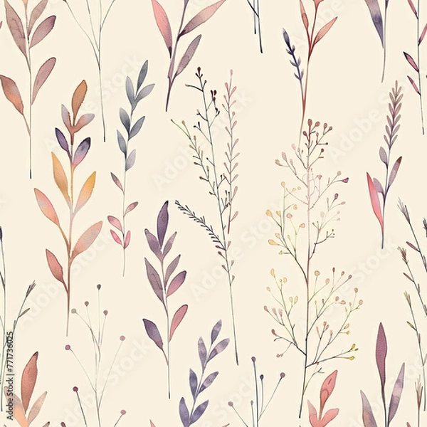 Fototapeta Charming watercolor seamless pattern of cute wild grasses in flat, pastel colors. Ideal for nature-themed designs, textile prints, and artistic backgrounds