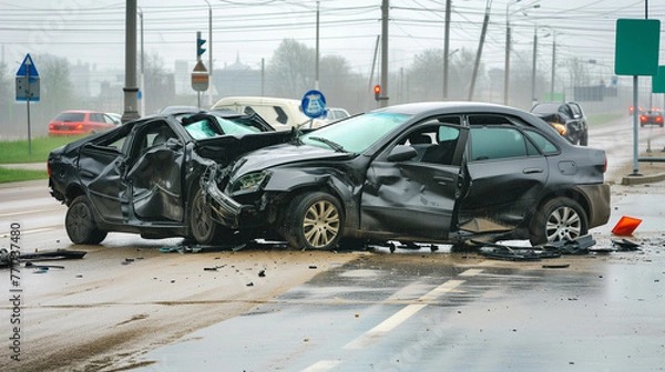 Fototapeta Accident between two cars. Severe damage and torn metal