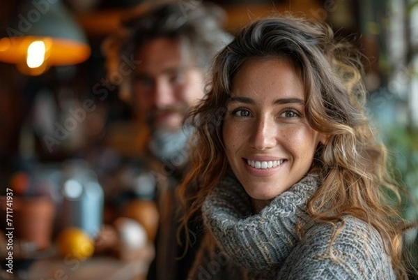 Obraz Beautiful woman with curly hair and a big smile, wearing a cozy sweater, man in background