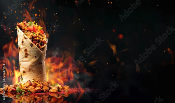 Fototapeta spicy chicken shawarma with fiery flames and copy space
