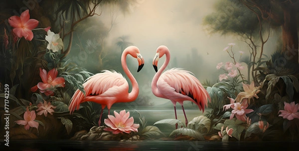 Fototapeta Abstract artistic wall art with flamingo standing on trees in Renaissance style . Retro, nostalgic, vintage canvas. Textured background. Oil on canvas. modern mural art