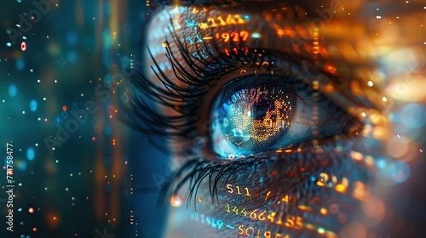 Fototapeta Eye looks to the future business. Woman's eye in the double exposure of a modern city and technology. AI generated illustration