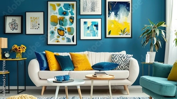 Fototapeta A cozy and stylish living room with modern decor in yellow and blue colors