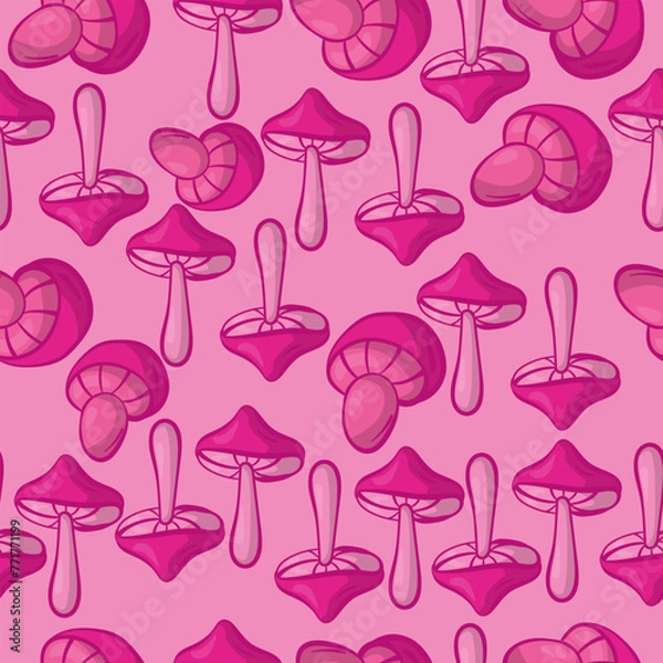 Fototapeta Doodle pink mushrooms seamless pattern on light background