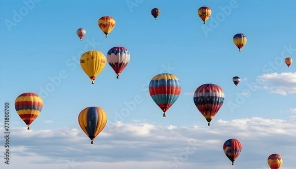 Fototapeta colorful balloons aircrafts in the blue sky with clouds over a beautiful country landscape