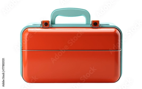 Fototapeta An orange suitcase with a blue handle standing boldly on a white background