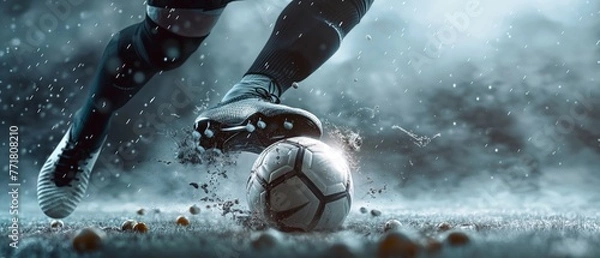 Fototapeta Side view of football boot kicking a soccer ball