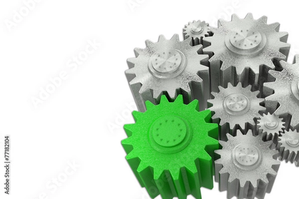 Fototapeta Multicolored cogwheel gear mechanism on white background.