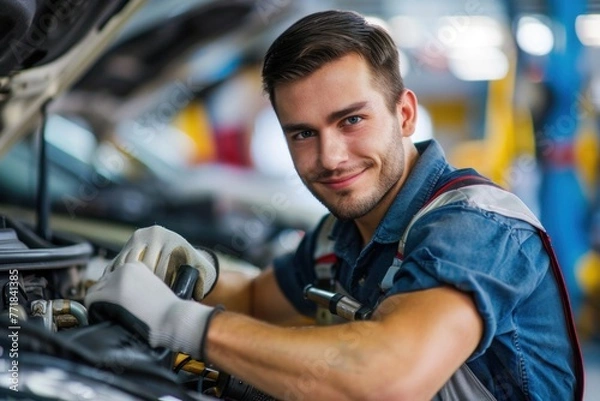 Fototapeta Experienced and skilled auto mechanic in his thirties repairing a car engine in a well-equipped automotive repair shop