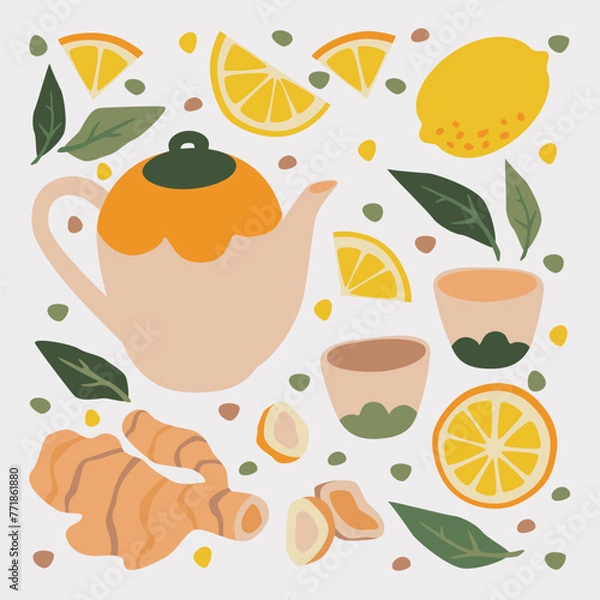 Fototapeta Set of cozy tea party illustrations. Drink with ginger and lemon, teapot, mugs, mint. Vector isolated objects on a light background.