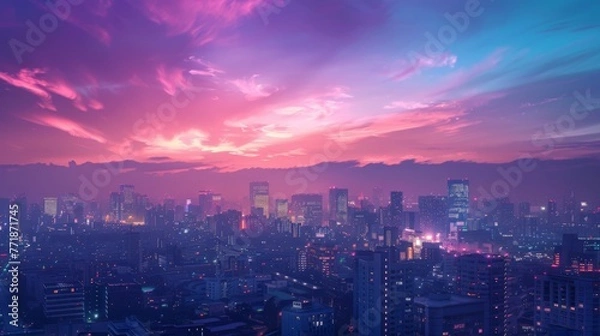 Fototapeta At dusk, the panoramic skyline is awash with ethereal pastels.