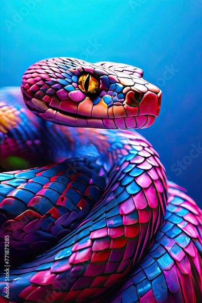 Fototapeta 3D Illustration of a Colorful Snake in a Blue Background