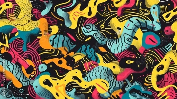 Fototapeta Colored shapes form an abstract stylized background, featuring bold color blobs and nature-based patterns.