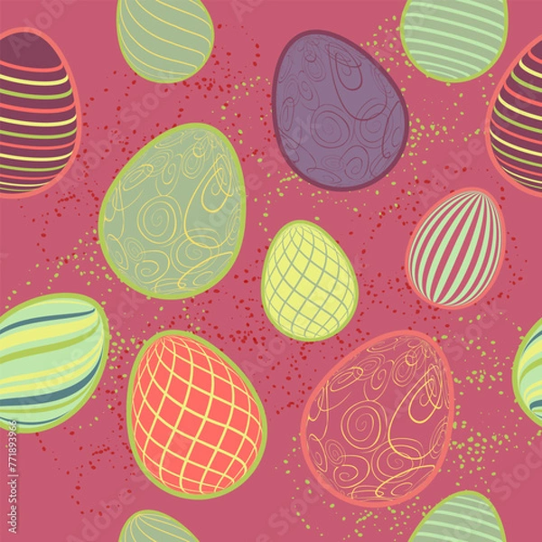 Obraz Easter Eggs with seamless ornament pattern. Vector line pattern with Easter eggs on the red background. Concept of Happy Easter.	