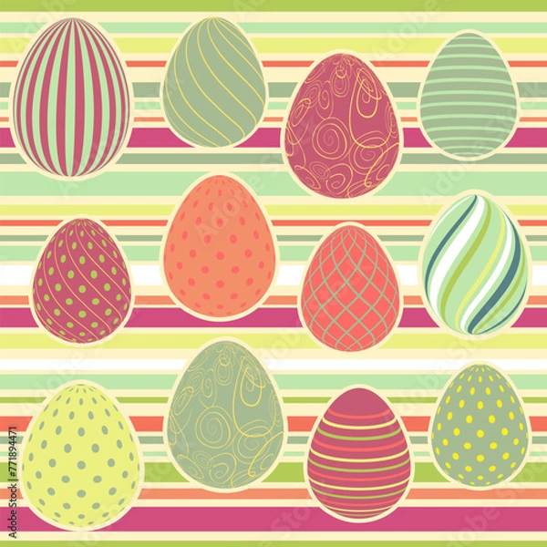 Obraz Easter Eggs with seamless ornament pattern. Vector line pattern with Easter eggs on the colorful background. Concept of Happy Easter.	