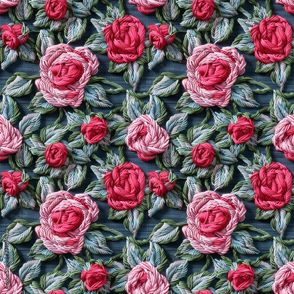 Fototapeta Floral embroidery from knitting wool, seamless pattern.