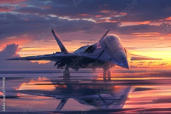 Obraz The dramatic sky behind a fighter plane as it prepares for takeoff