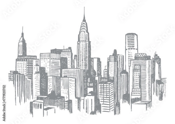 Fototapeta Vector illustration of view of part of New York City, NY, USA. Art in rustic lines representing current times.
