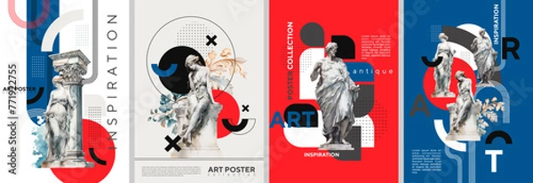 Obraz Stylish posters with watercolor antique statues and geometric shapes