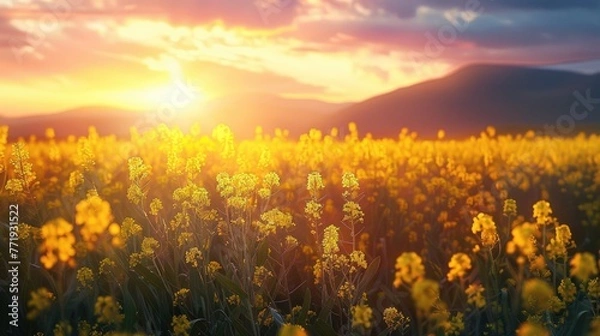 Fototapeta Scenic view of oilseed rape field against sky during sunset