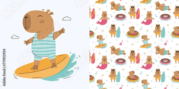 Obraz Funny summer capybaras seamless pattern