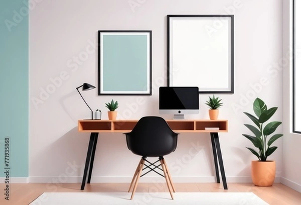 Fototapeta Mockup of an empty poster frame in a modern interior, perfect for displaying in a home office or living room 
