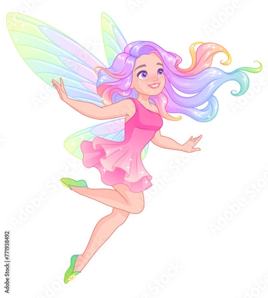 Obraz Beautiful flying fairy with wings and rainbow hair. Vector illustration.