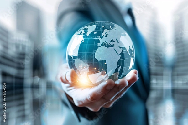 Fototapeta Close-up of a businessperson holding a transparent glass globe with a cityscape and sunlight in the background..