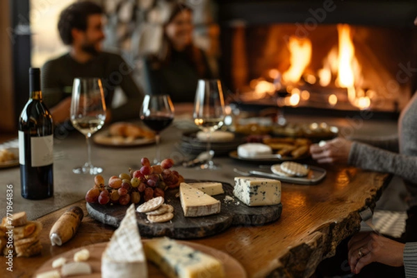 Fototapeta People eating cheese and drinking wine in front of a fireplace in a cottage. Generative AI