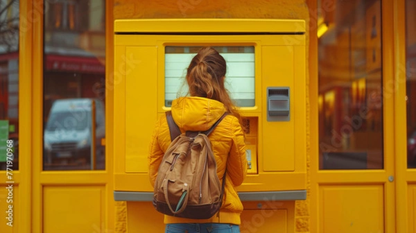 Fototapeta Back view of a woman in a yellow jacket using an automated self-service parcel terminal on a city street..