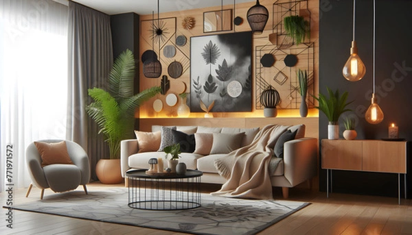 Fototapeta modern living room interior background for you. It's a mock-up in the Scandinavian style with an empty wall, perfect for envisioning your own decor.