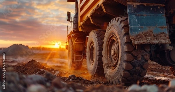 Fototapeta Construction dump truck unloading, close-up, sunset, wide angle, capturing the action of release. 
