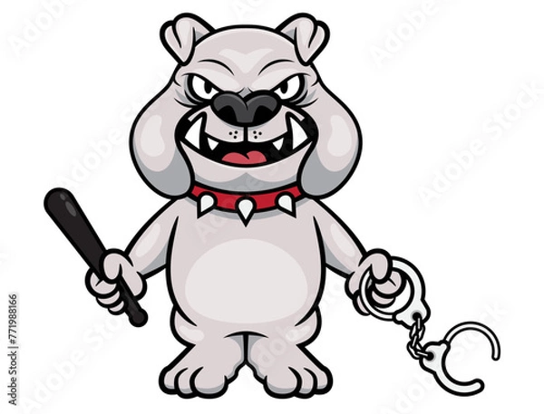 Fototapeta Angry British Bulldog cartoon characters wearing spiked rivet dog collar and carrying a bat and handcuffs. Best for mascot, logo, and sticker with security themes