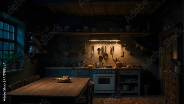 Fototapeta A dimly lit kitchen, where the sound of a knife being sharpened echoes, and shadows move with no source Generative AI