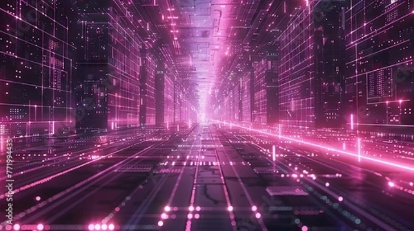 Fototapeta Cyber grid with magenta highlights under starless sky