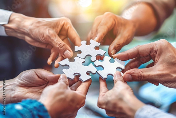 Fototapeta A group of hands working together to connect jigsaw puzzle pieces, symbolizing teamwork and solution finding..