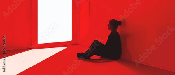 Obraz A woman sits in a red room with a white wall