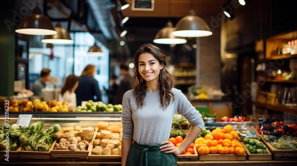 Obraz Energetic Social Media Influencer Explores Vibrant Food Bazaar with Charismatic Flair