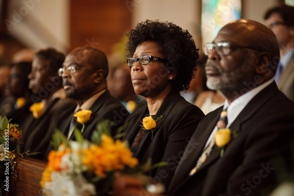 Fototapeta Men and women in mourning back suits sitting in the row on the bench in church at a funeral