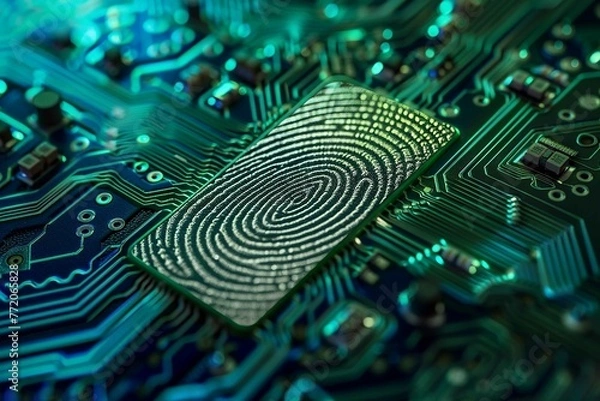 Fototapeta a microchip interlaced with an exclusive fingerprint pattern, illustrating advanced biometric authentication technology