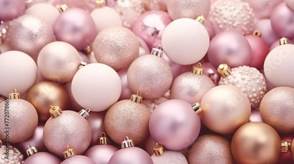 Fototapeta A pile of pink and gold Christmas ornaments of various shapes and sizes