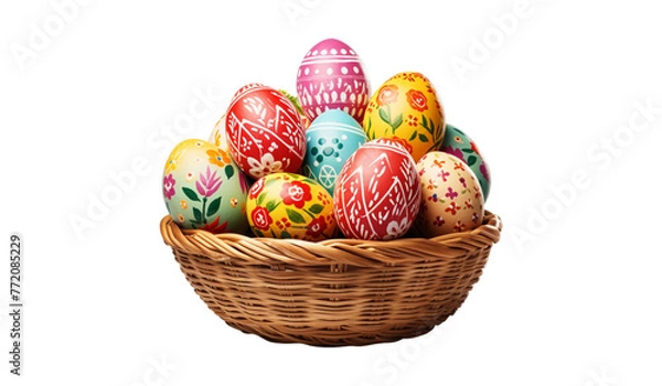 Fototapeta Easter eggs in basket isolated on transparent background. Happy Easter
