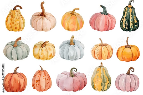 Fototapeta set of watercolor pumpkins different shape isolated on white background