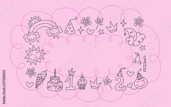 Fototapeta Frame, banner  Birthday. Set Cute badges, cartoon birthday attributes. Children's holiday, magical doodles. Vector illustration, sketch. Sweets, candles, cap, crown, numbers. Line icons.